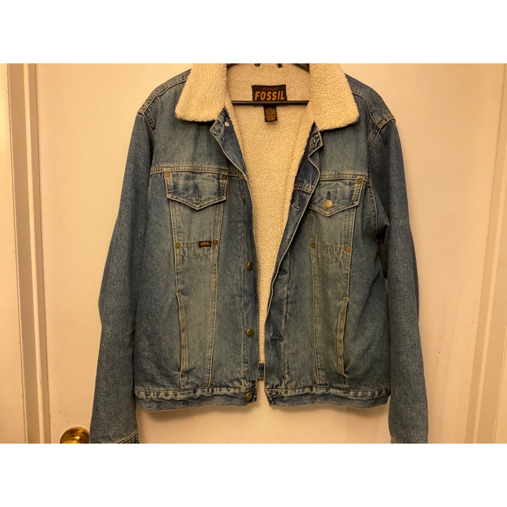 Fossil Denim Trucker Jacket Mens Small Blue Excellent Sherpa Lined Vintage Style